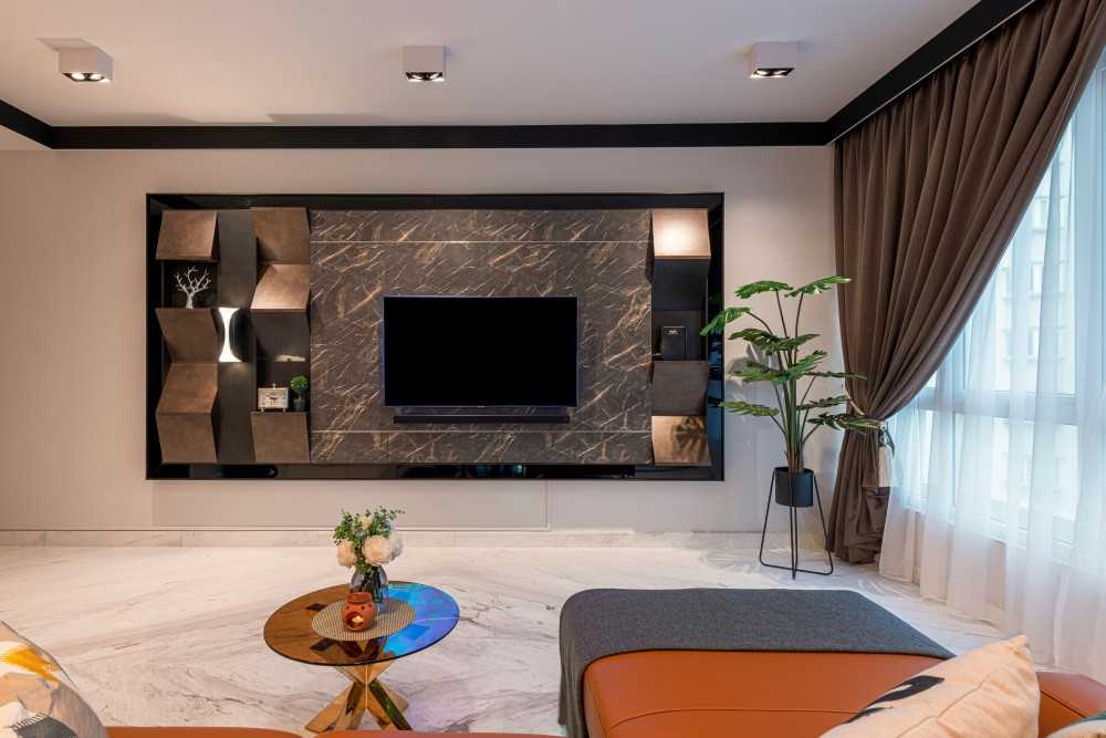 Modern Living Room with Marble Floor and Feature Wall