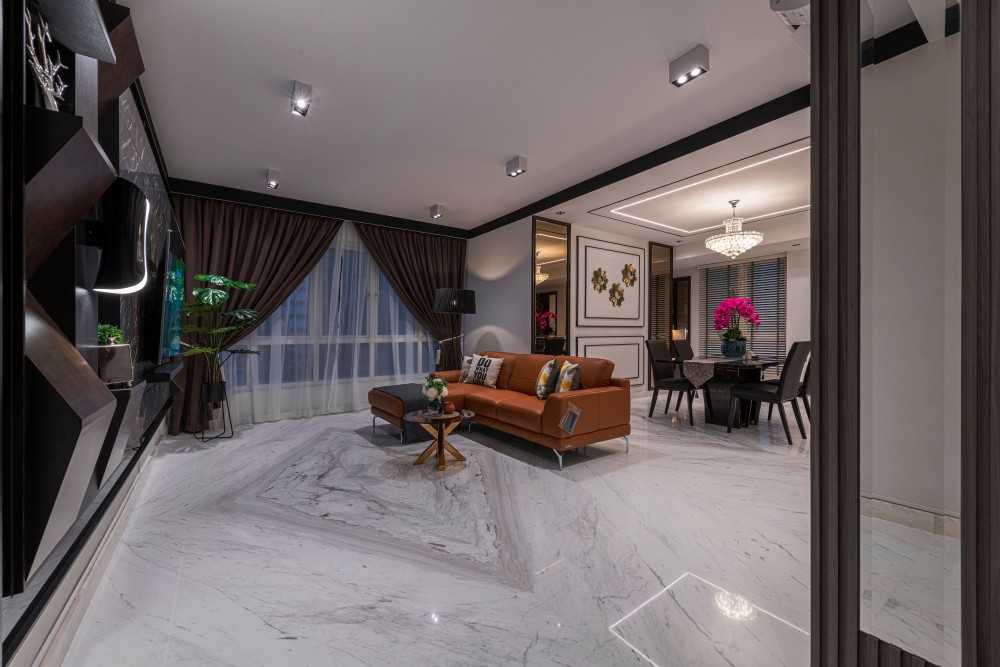 Modern Living Room with Marble Floor and Feature Wall