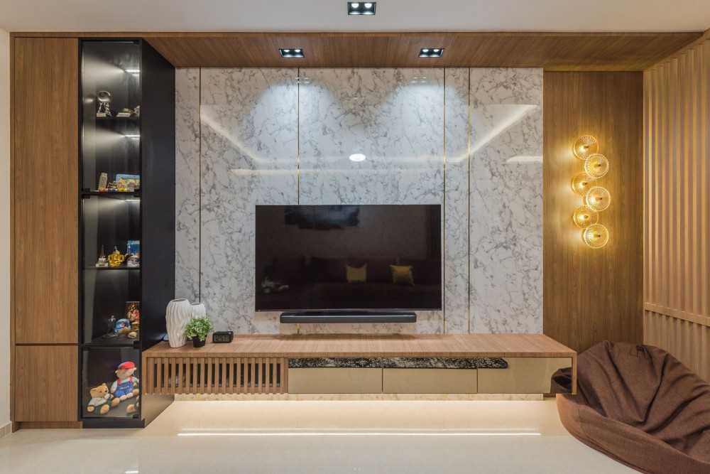 Contemporary Living Room with TV Console and Downlights