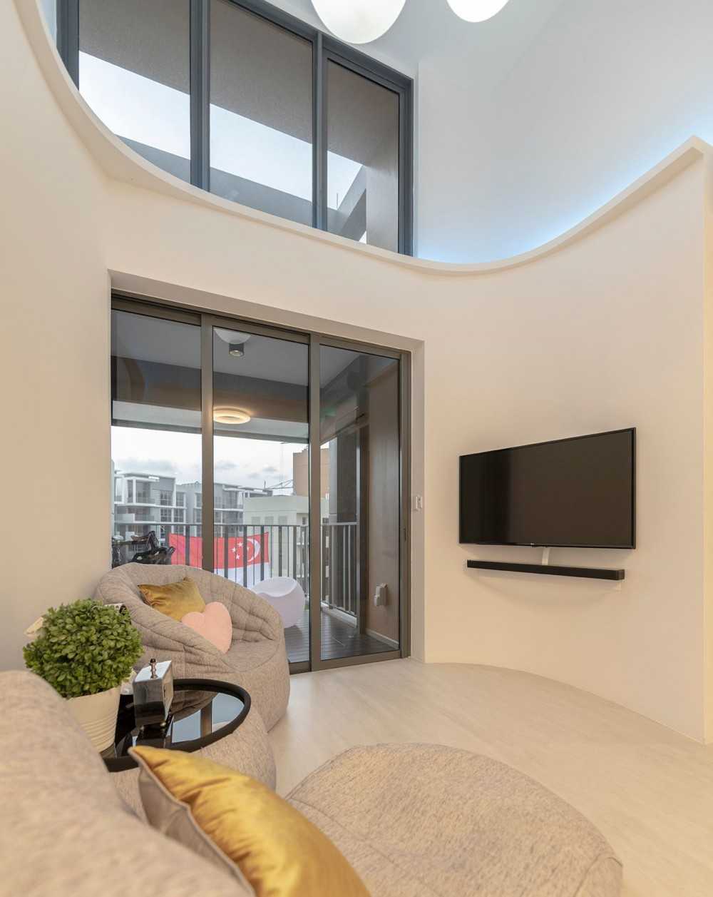 Eclectic Living Room with Ceiling Light and Coffee Table