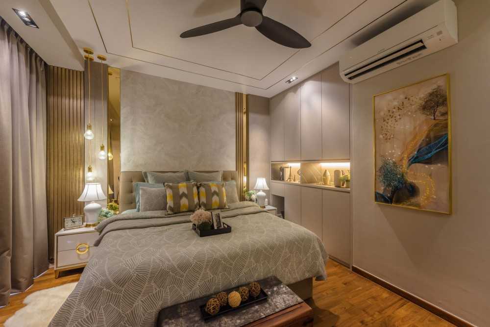 Modern Bedroom with Parquet Floor and Bedside Table