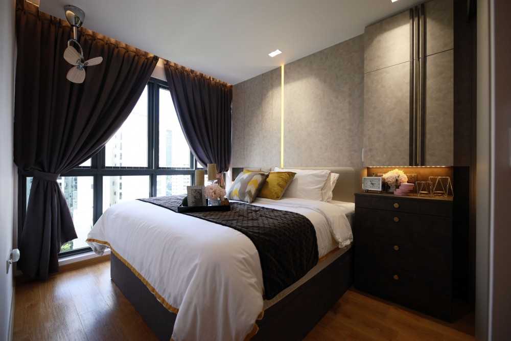 Contemporary Bedroom with Parquet Floor and Bedside Table
