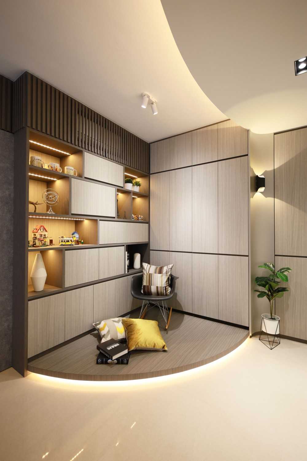 Contemporary Living Room with Cove Lighting and Display Cabinets