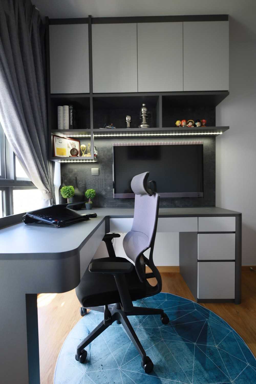 Contemporary Study with Bookshelf and Ceiling Light