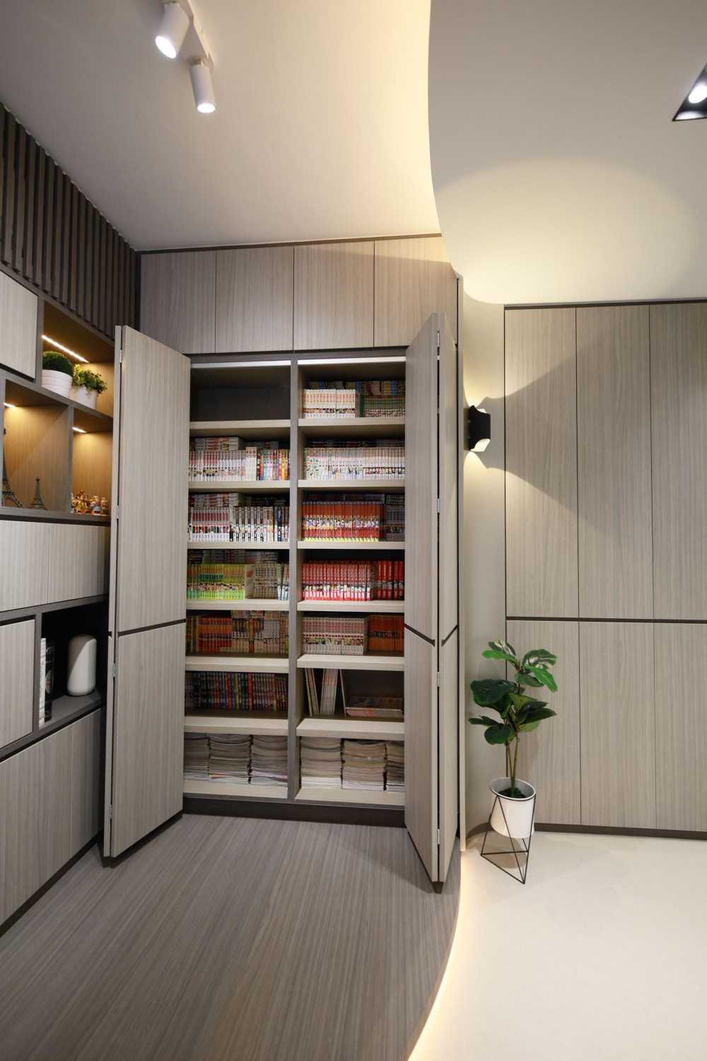 Contemporary Living Room with Bookshelf and Display Cabinets
