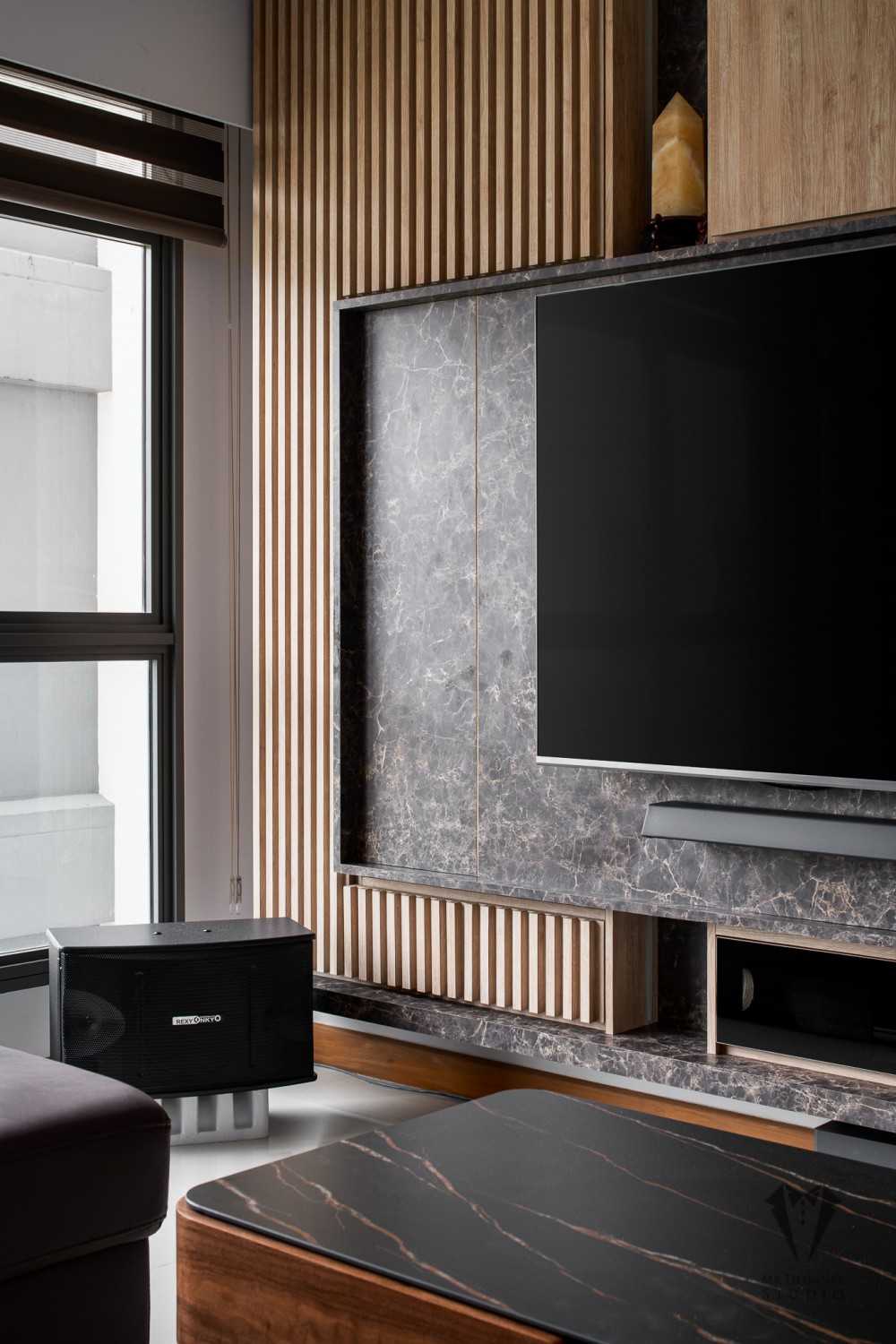 Contemporary Living Room with TV Console and Feature Wall