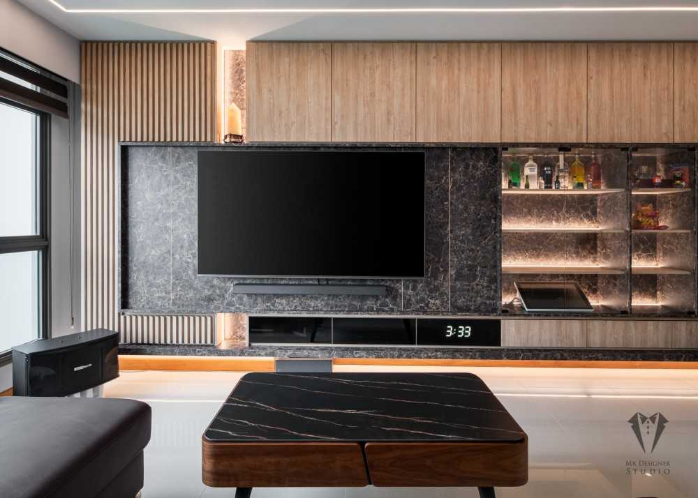 Contemporary Living Room with TV Console and Drop Ceiling