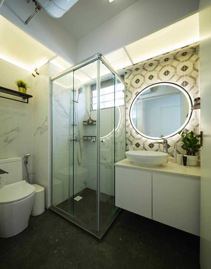 Scandinavian Bathroom with Countertop and Herringbone Tiling
