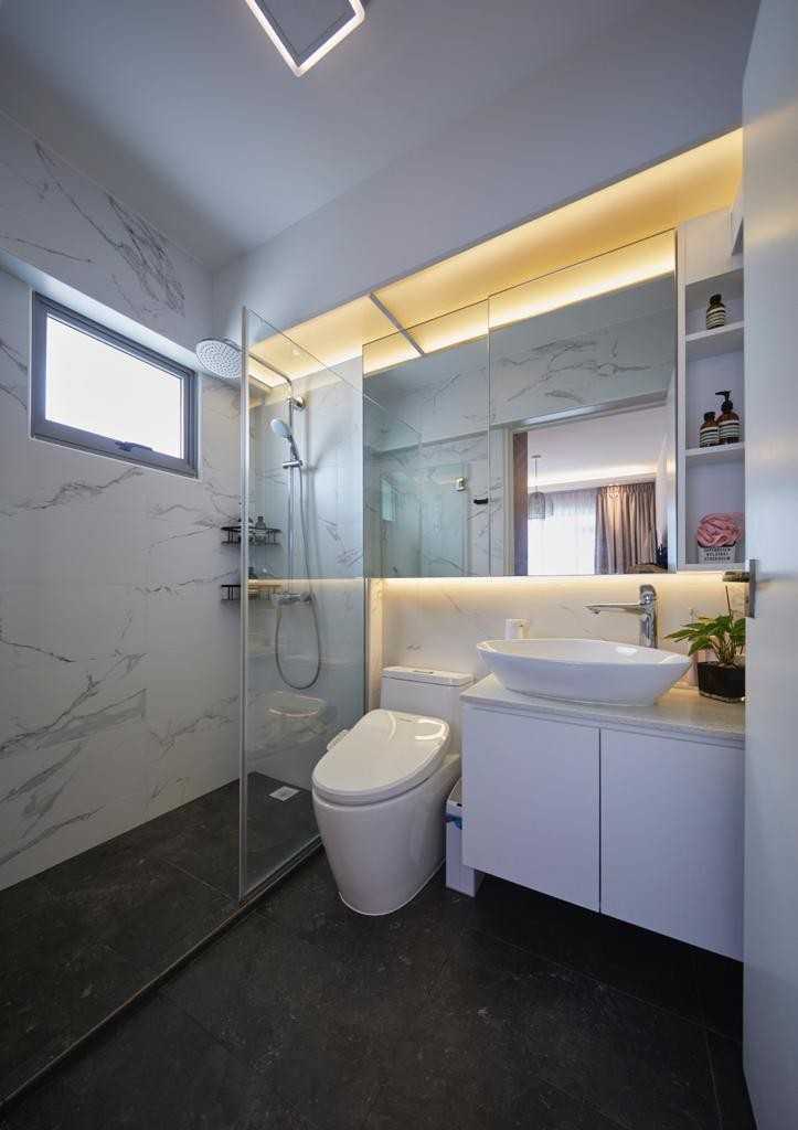 Scandinavian Bathroom with Countertop and Herringbone Tiling