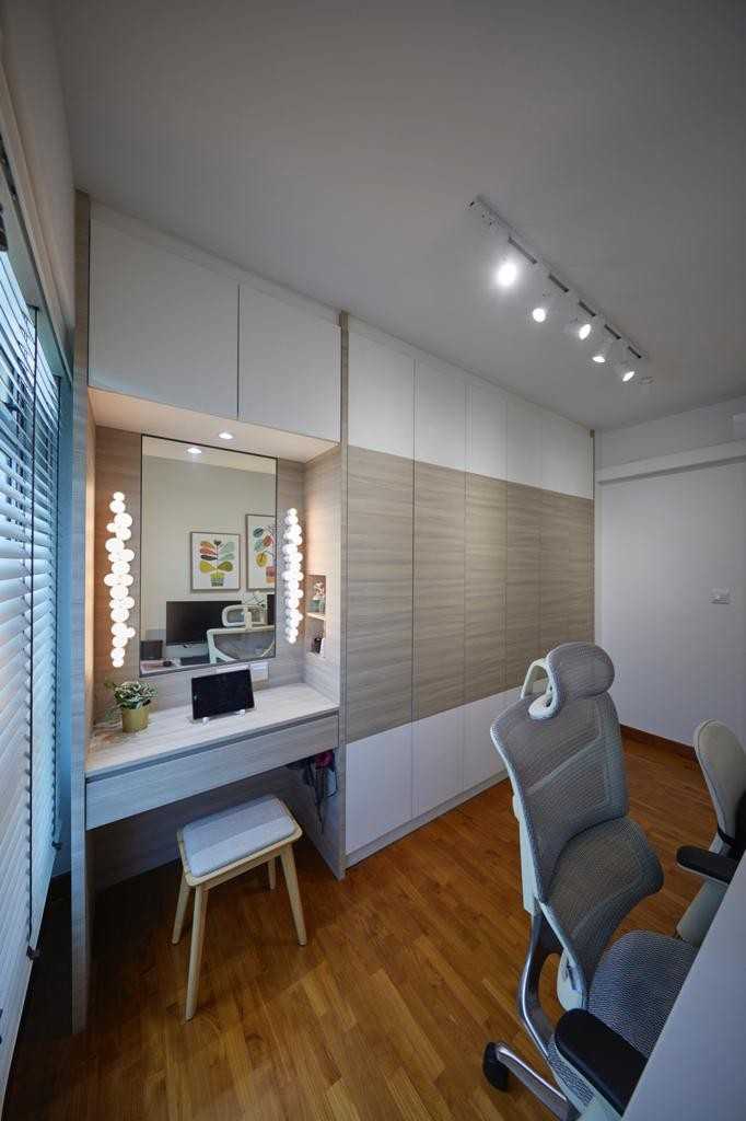 Scandinavian Study with Storage Cabinets and Lighting