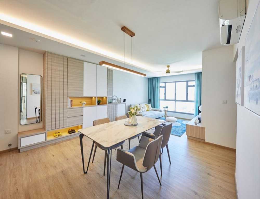Scandinavian Living Room with Vinyl Flooring and Ceiling Light