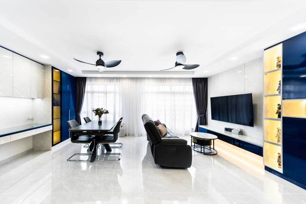 Modern Living Room with TV Console and Curtain