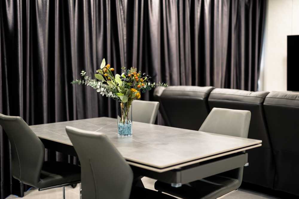Modern Dining Room with Curtain and Sofa