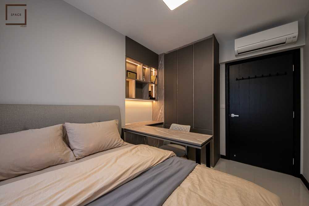 Contemporary Bedroom with Bay Window and Wardrobe