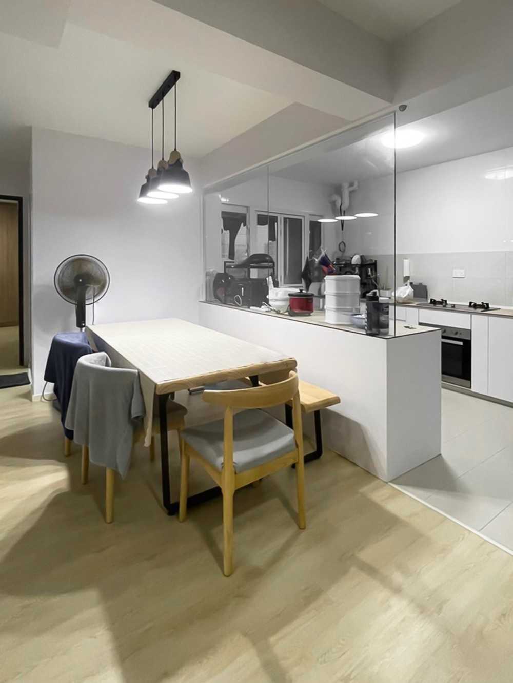 Scandinavian Dining Room with Kitchen Window and Dining Table