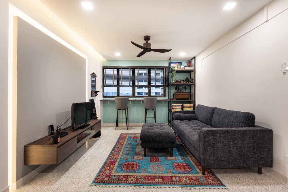 Eclectic Living Room with TV Console and Feature Wall
