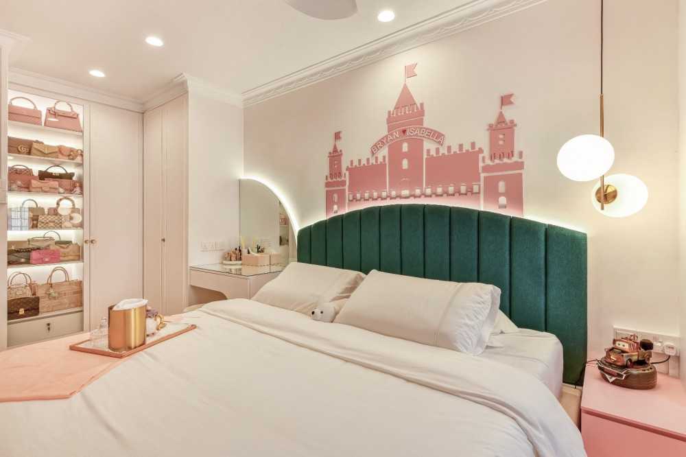 Contemporary Bedroom with Drop Ceiling and Chandelier