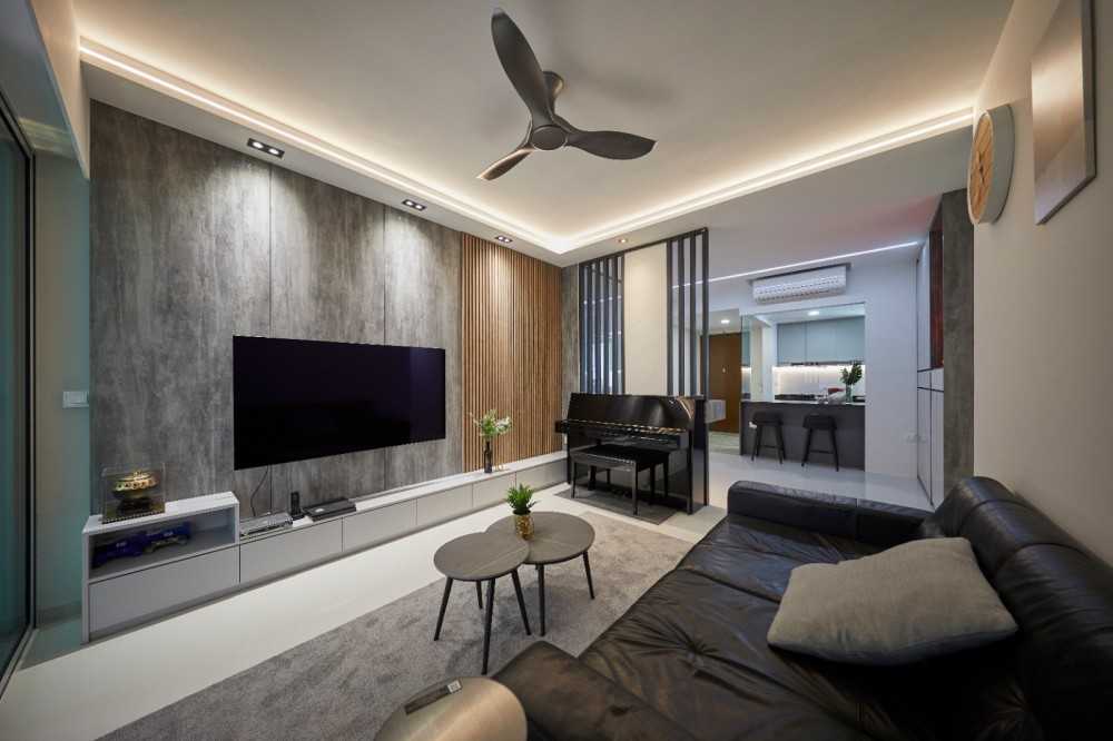 Contemporary Living Room with Homogeneous Tiles and TV Console
