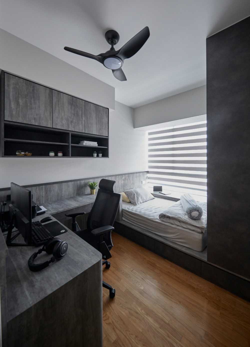 Contemporary Bedroom with Bookshelf and Platform Bed