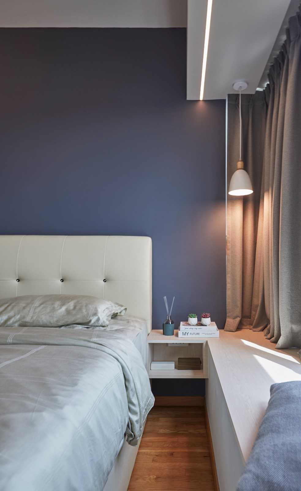 Contemporary Bedroom with Drop Light and Bay Window