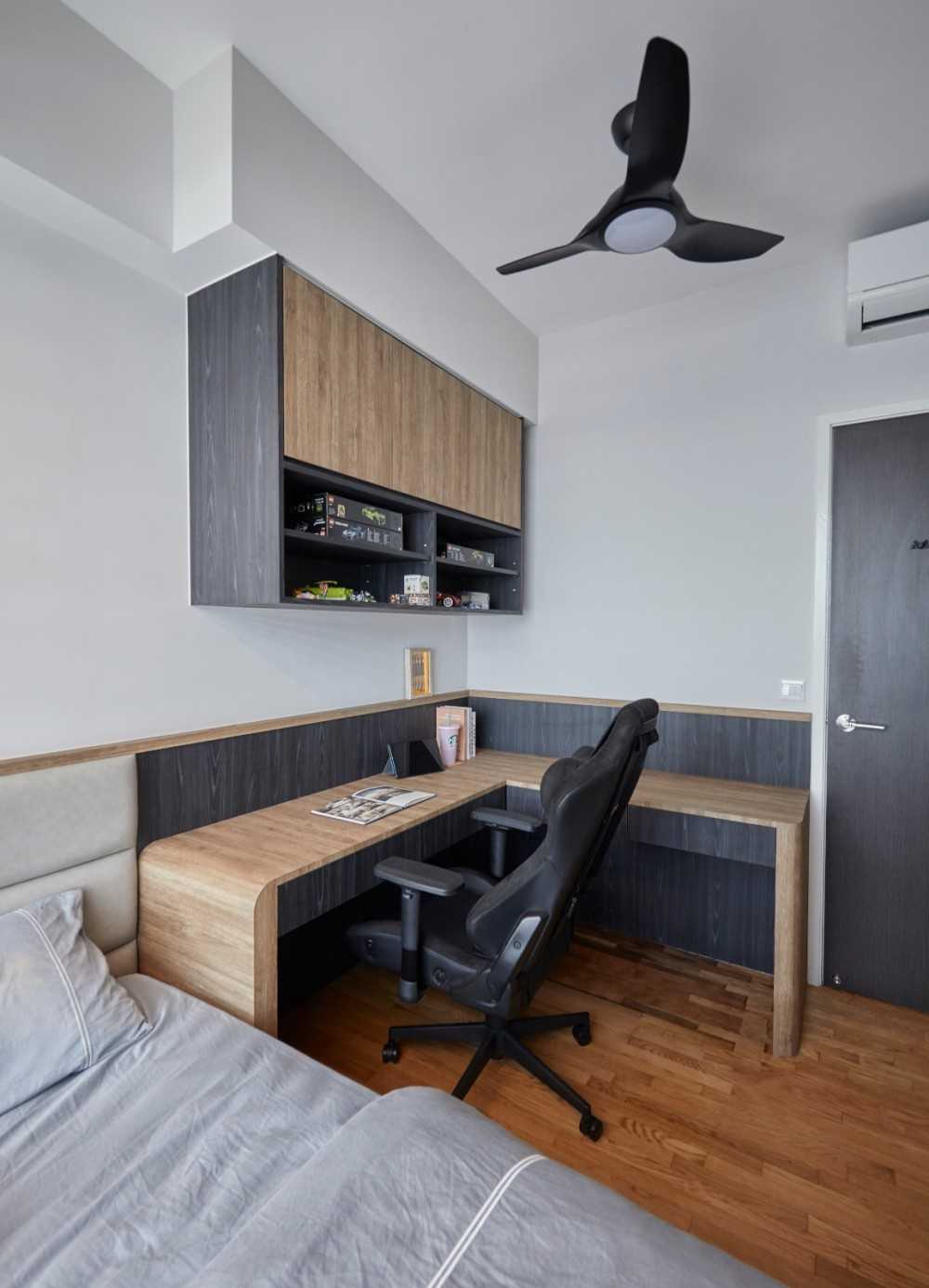 Contemporary Bedroom with Bookshelf and Platform Bed