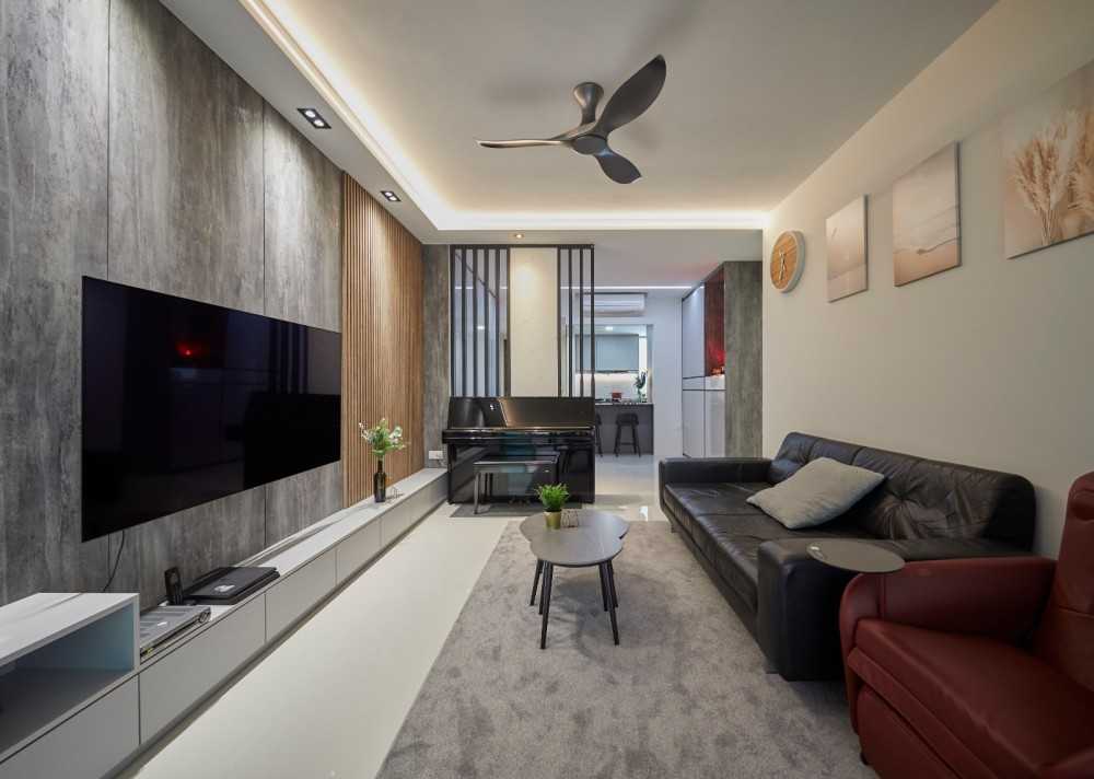 Contemporary Living Room with Homogeneous Tiles and TV Console