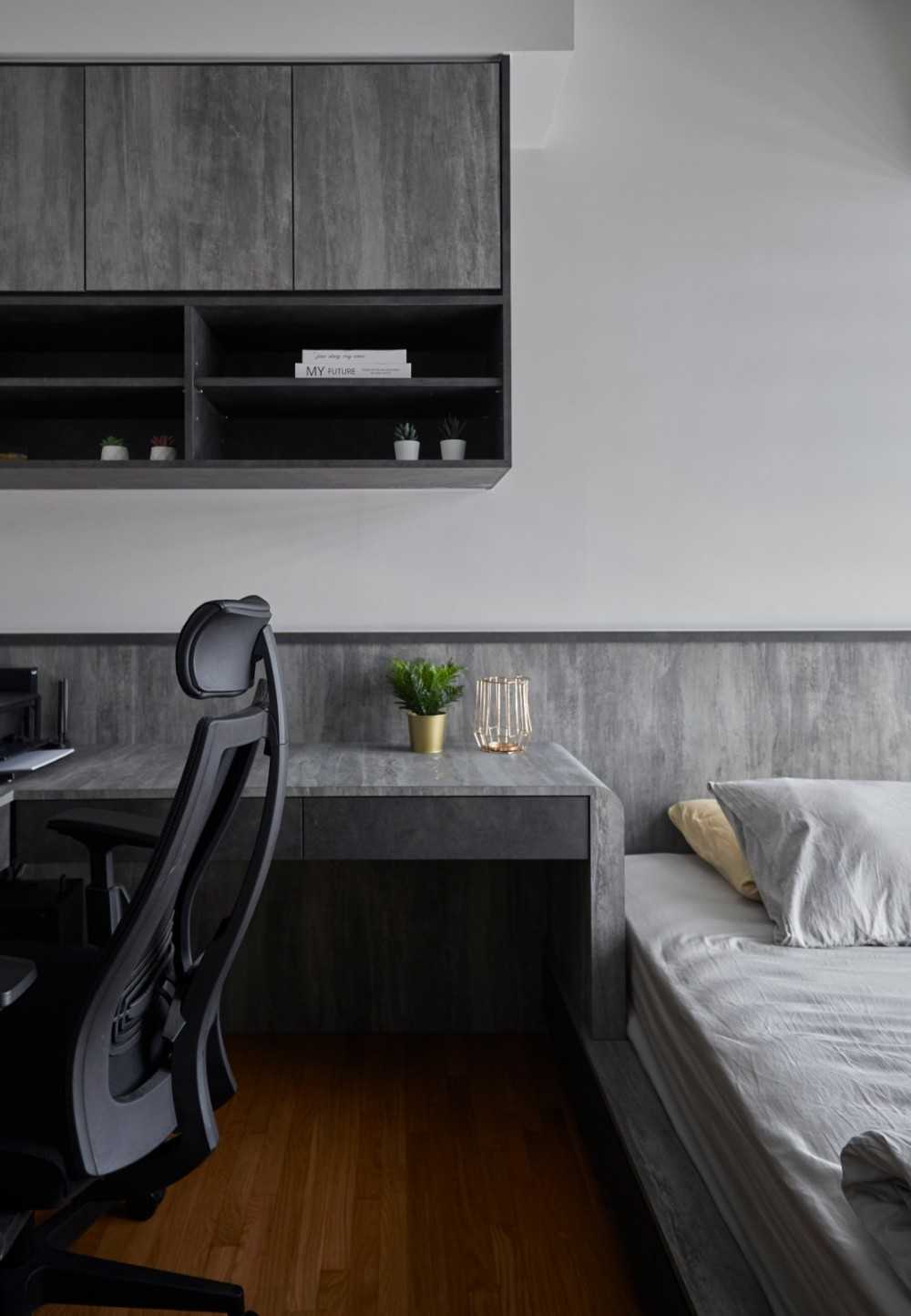 Contemporary Bedroom with Bookshelf and Platform Bed