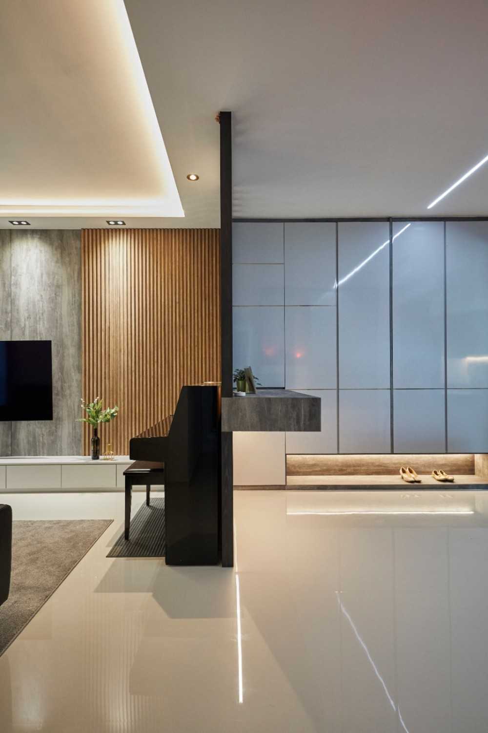 Contemporary Living Room with Homogeneous Tiles and TV Console