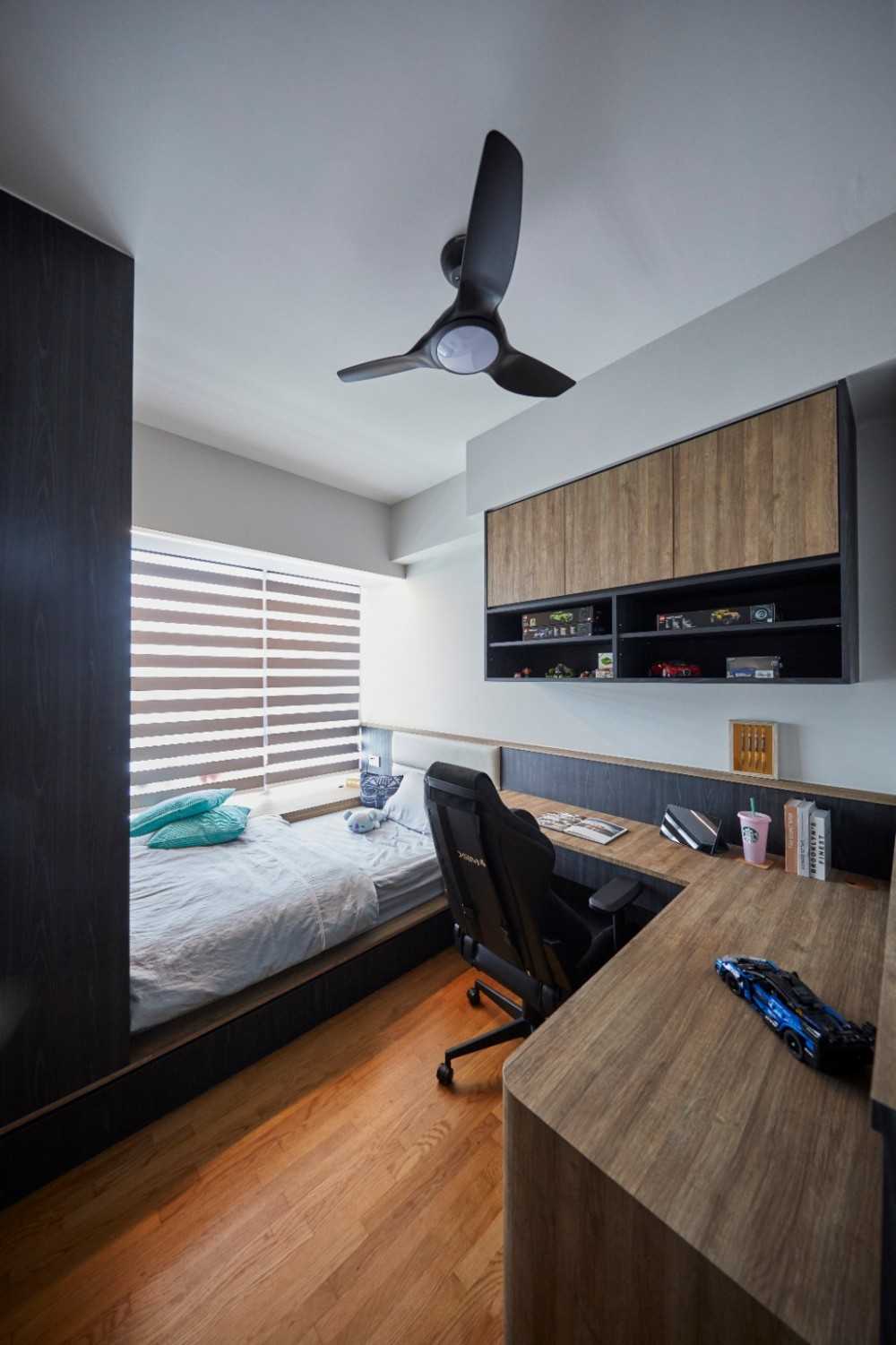 Contemporary Bedroom with Bookshelf and Platform Bed
