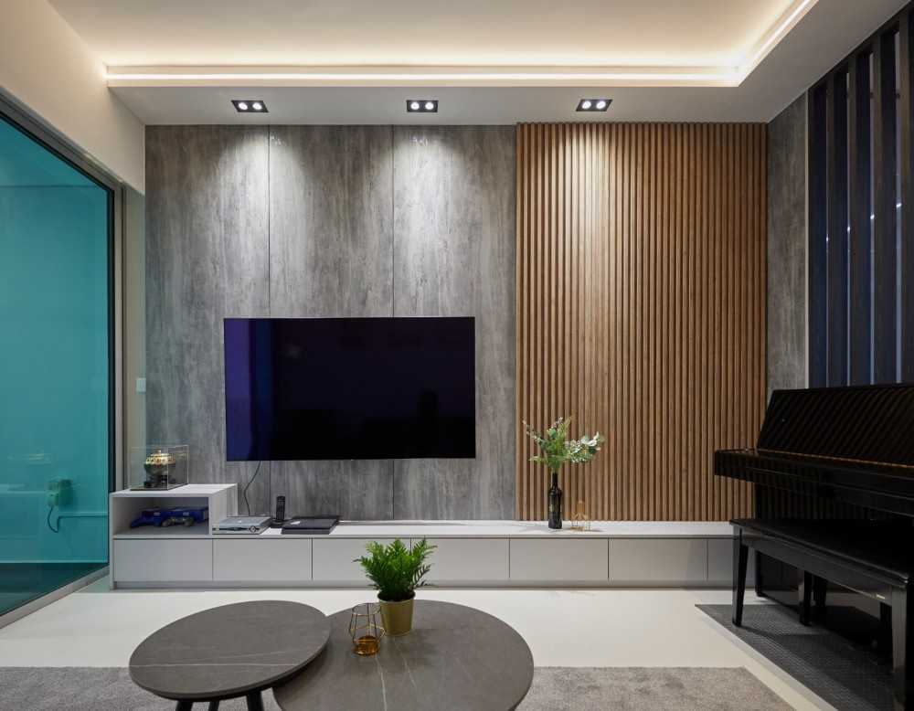 Contemporary Living Room with Homogeneous Tiles and TV Console