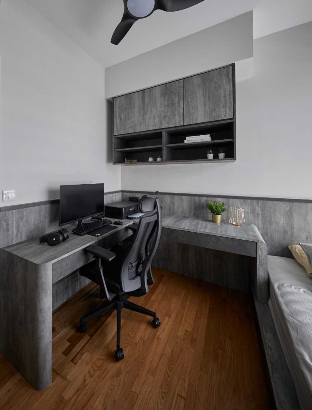 Contemporary Bedroom with Bookshelf and Platform Bed