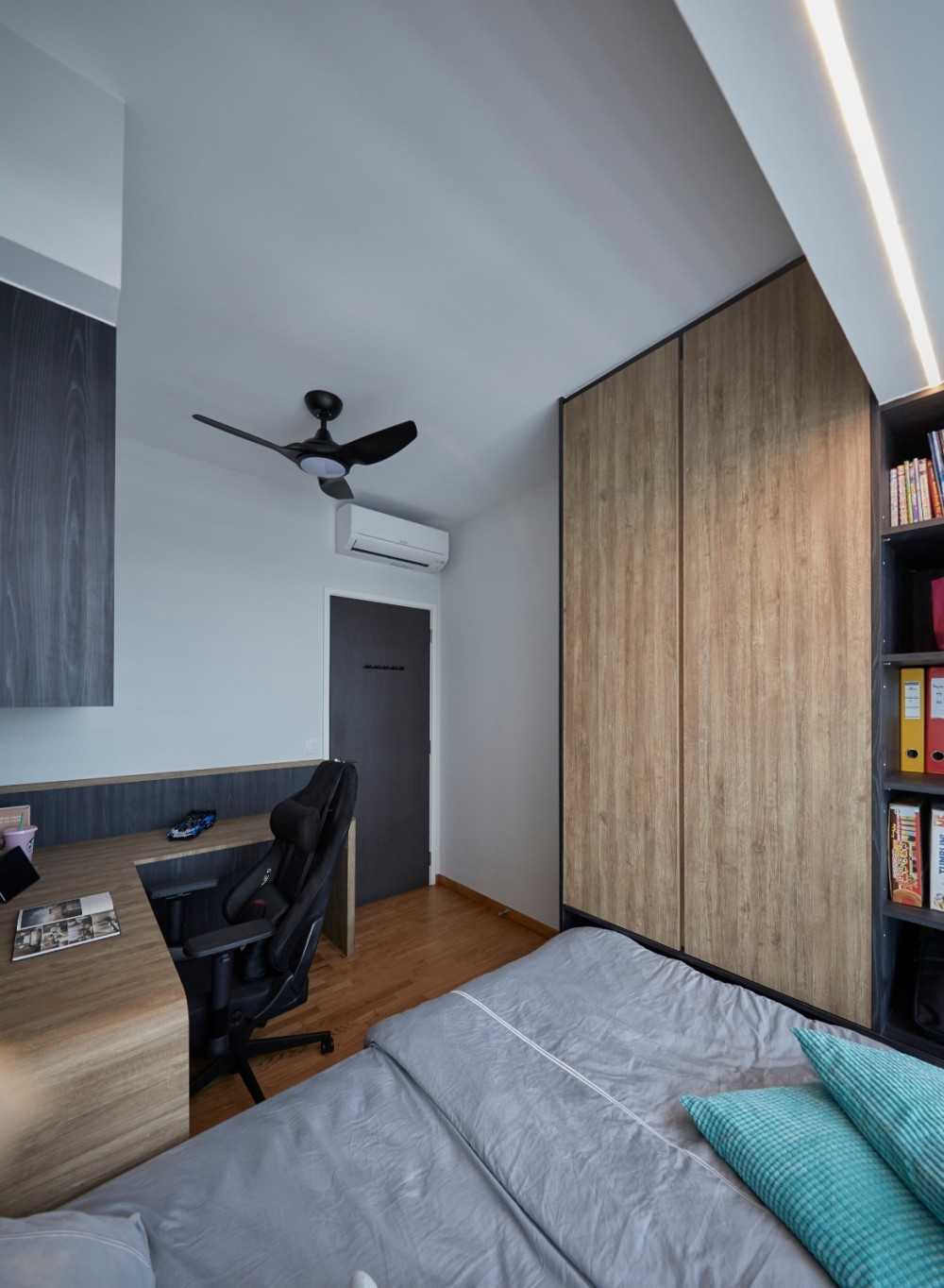Contemporary Bedroom with Bookshelf and Platform Bed