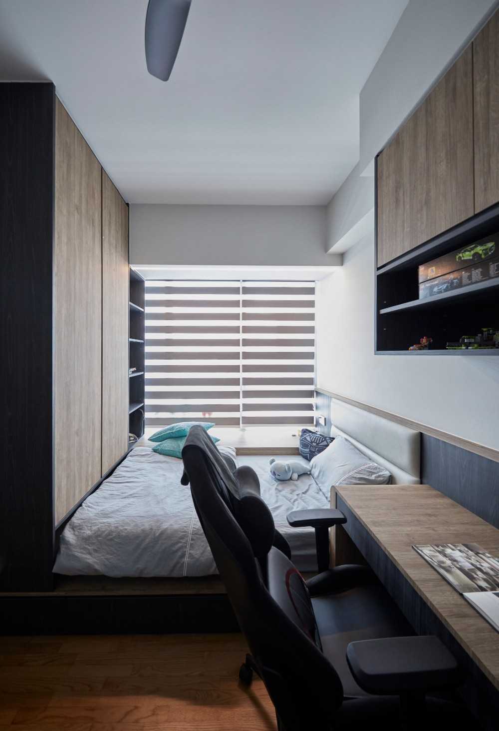 Contemporary Bedroom with Bookshelf and Platform Bed