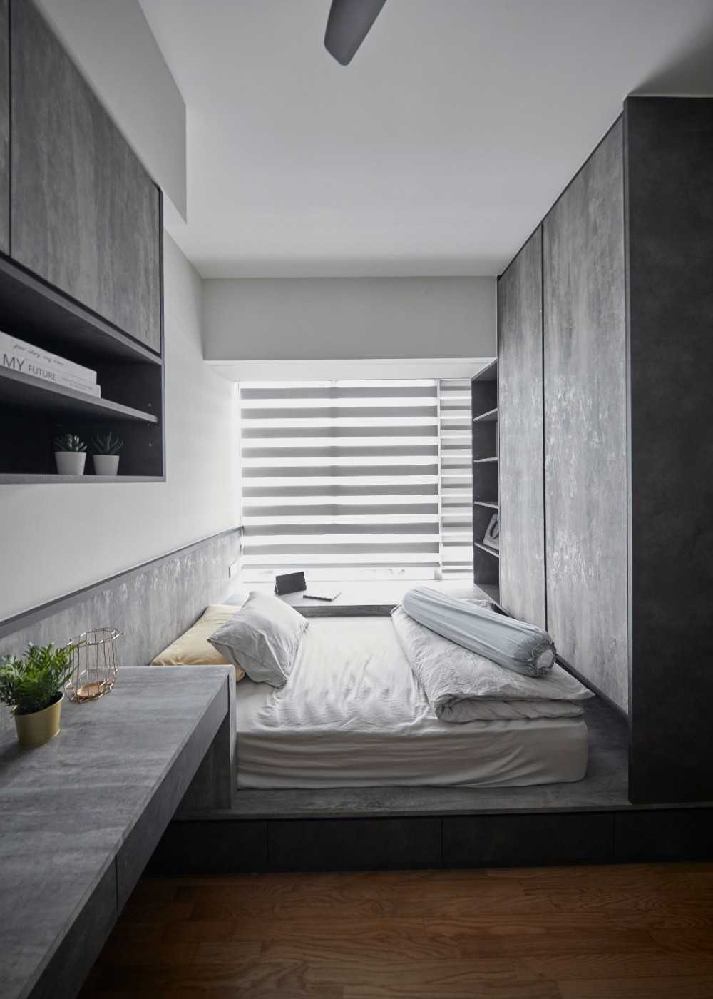 Contemporary Bedroom with Bookshelf and Platform Bed
