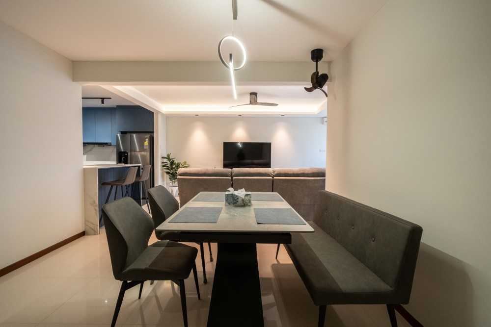 Contemporary Dining Room with Cove Lighting and Drop Ceiling