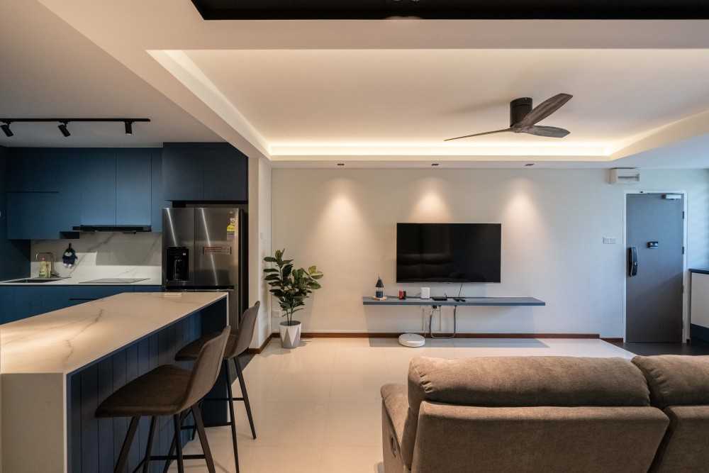 Contemporary Living Room with Homogeneous Tiles and TV Console