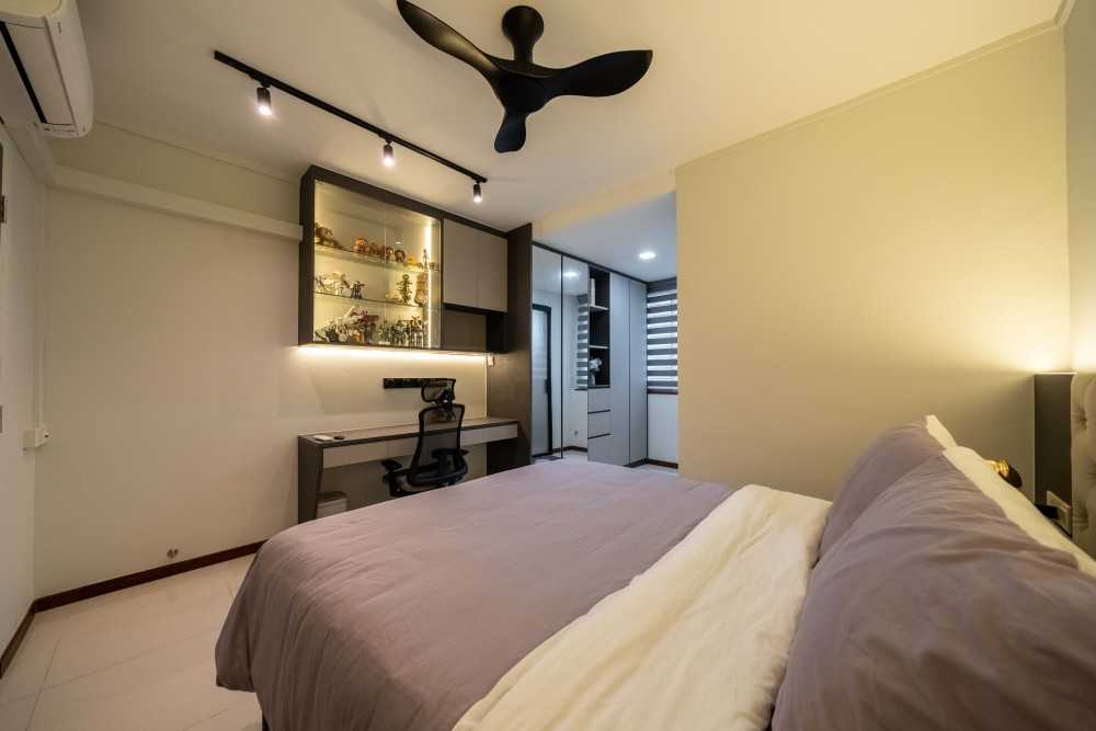 Contemporary Bedroom with Homogeneous Tiles and Ceiling Light