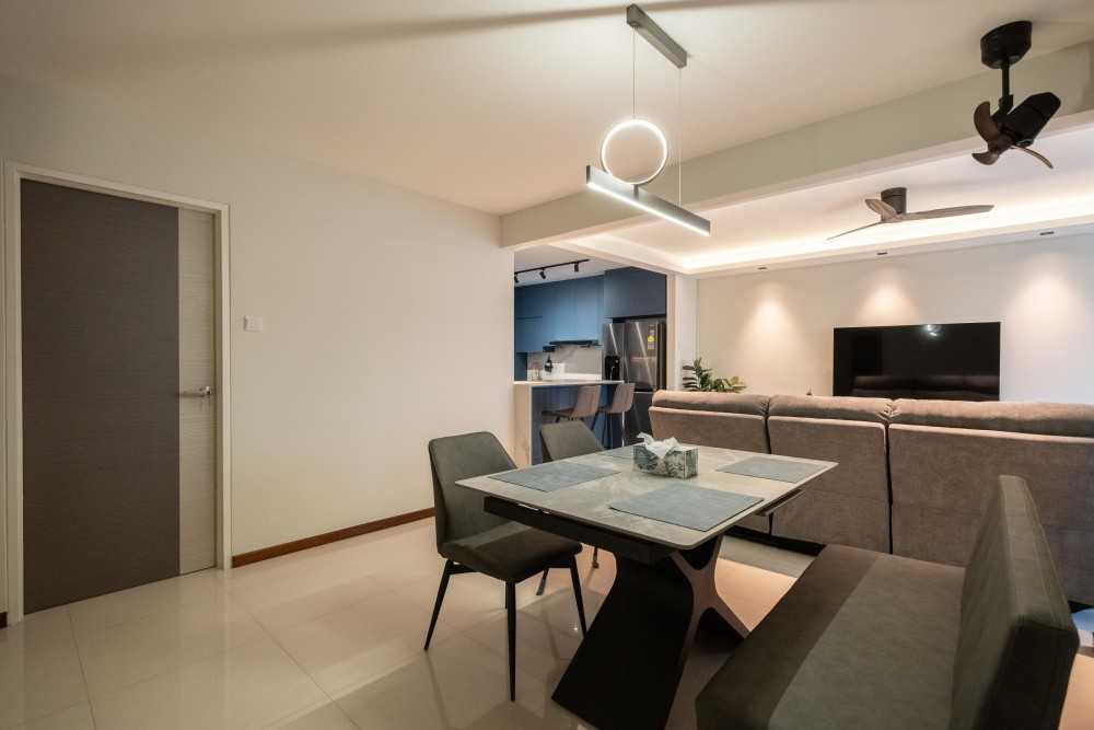Contemporary Dining Room with Drop Light and Cove Lighting