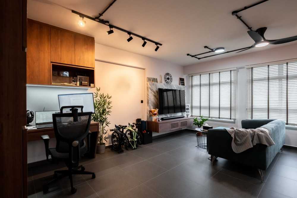 Modern Living Room with Homogeneous Tiles and TV Console