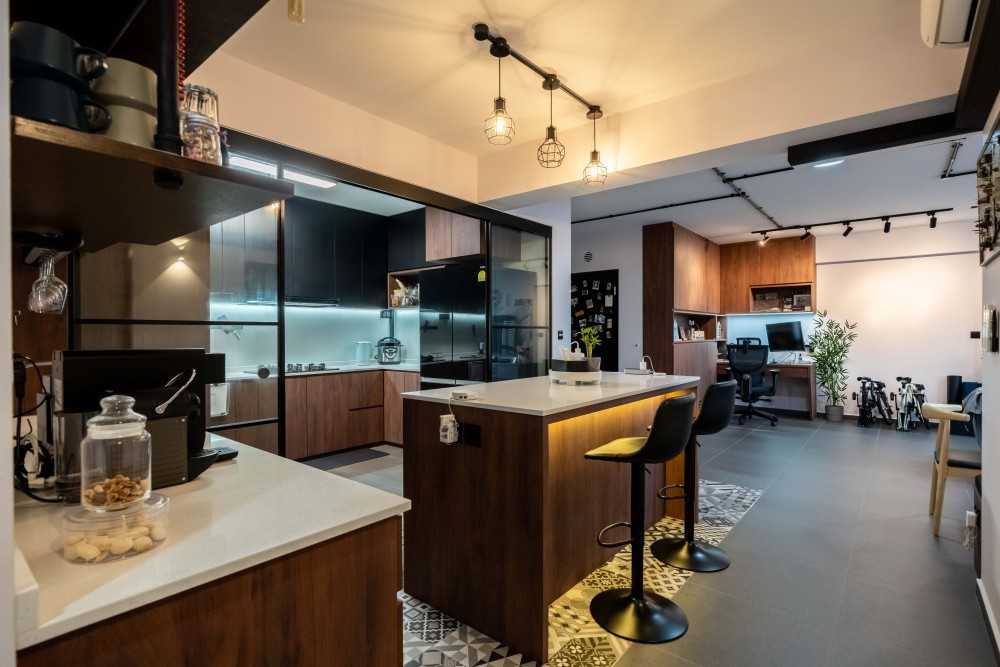 Modern Dining Room with Drop Ceiling and Chandelier