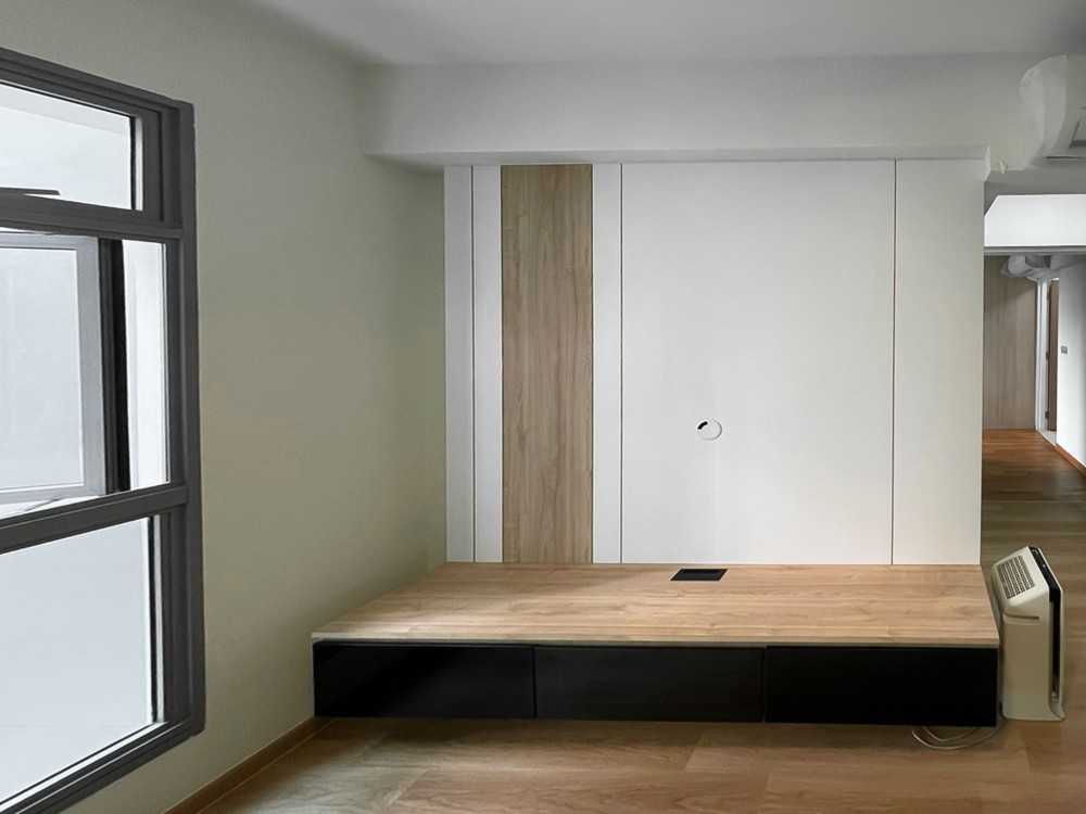 Scandinavian Living Room with TV Console and Window Grille