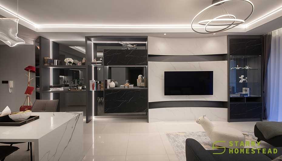 Modern Living Room with Display Cabinets and Flooring