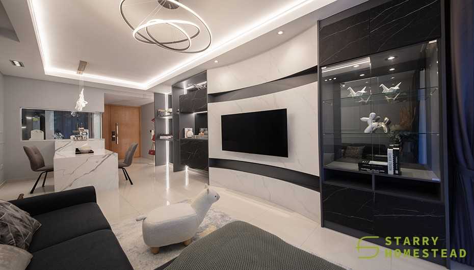 Modern Living Room with Kitchen Island and Display Cabinets