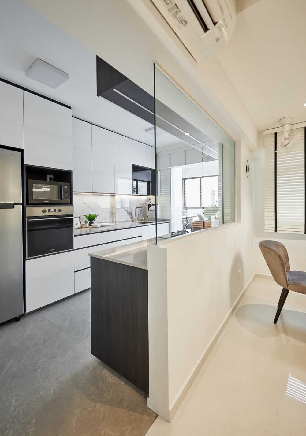 Modern Kids Room with Kitchen Window and Glass Door