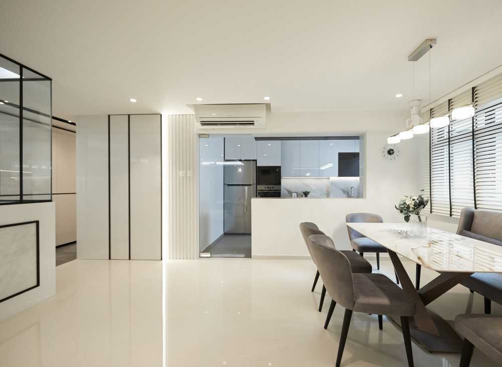 Modern Dining Room with Glass Door and Window Grille