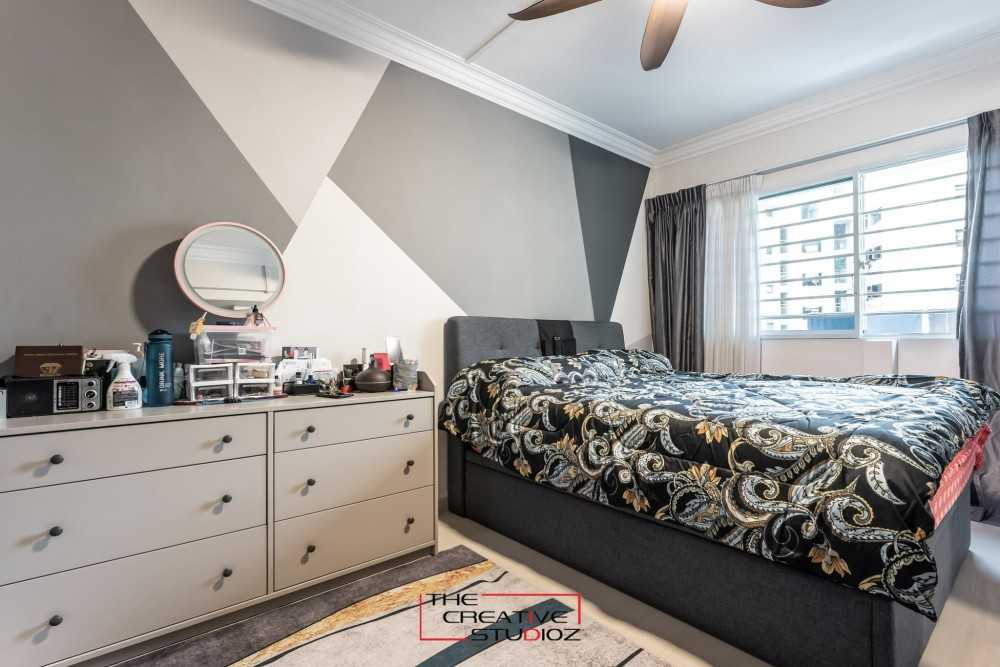 Modern Bedroom with Homogeneous Tiles and Bedside Table