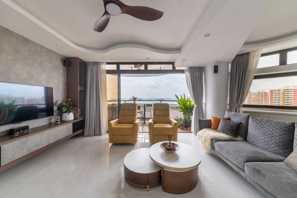 Modern Living Room with TV Console and Ceiling Fan