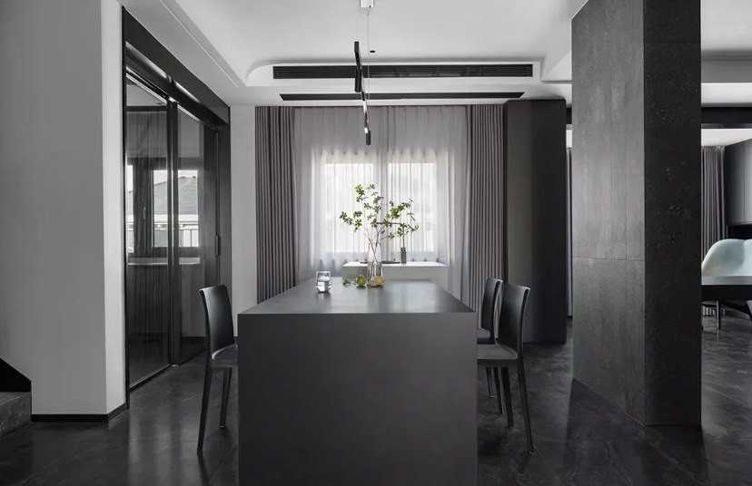 Contemporary Dining Room with Herringbone Tiling and Kitchen Island