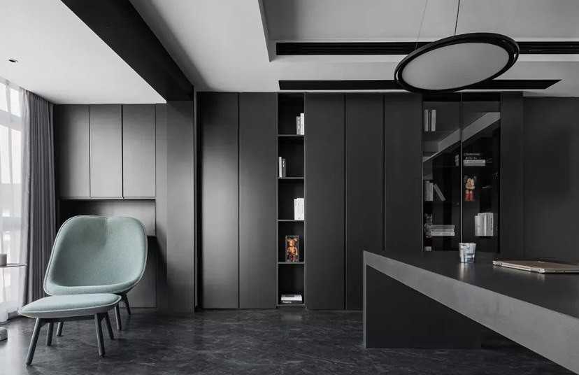 Contemporary Study with Bookshelf and Ceiling Light