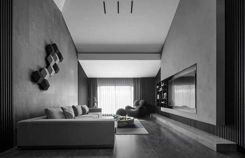 Contemporary Living Room with Homogeneous Tiles and TV Console